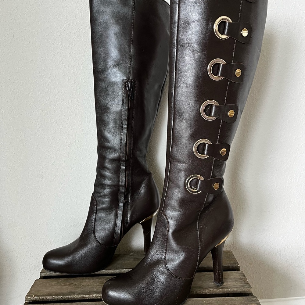 Versace Dark Brown knee high leather boots with gold detail